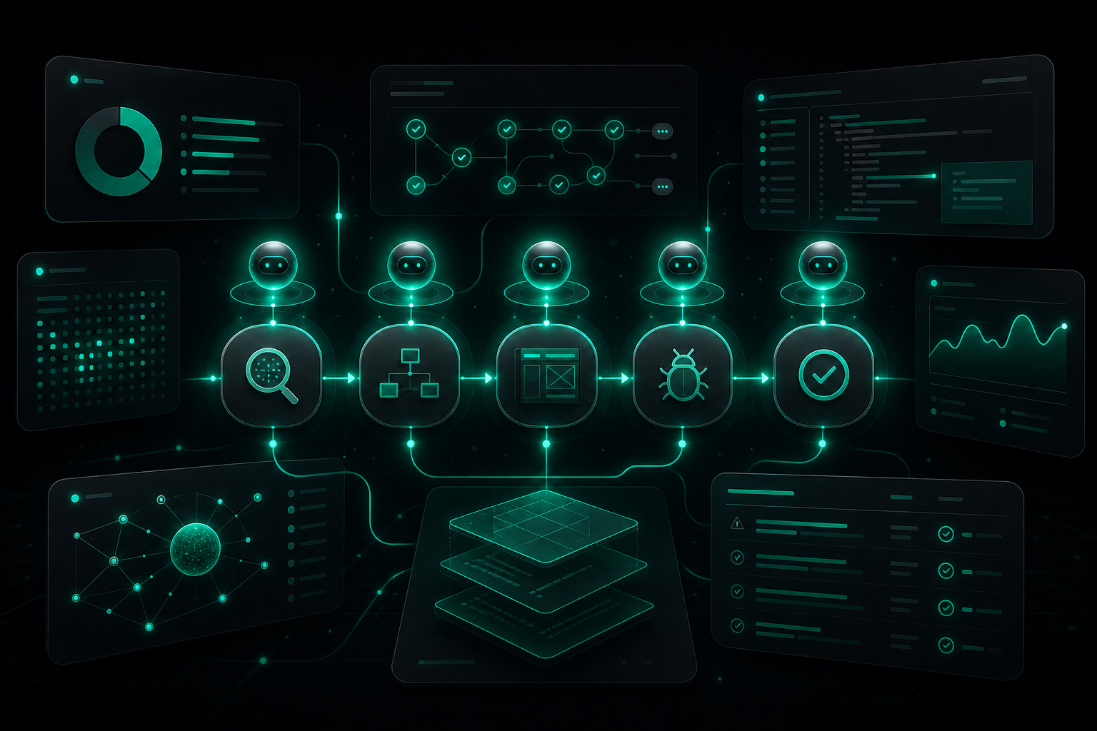 AI QA agents orchestrated across planning, testing, defects, and closure